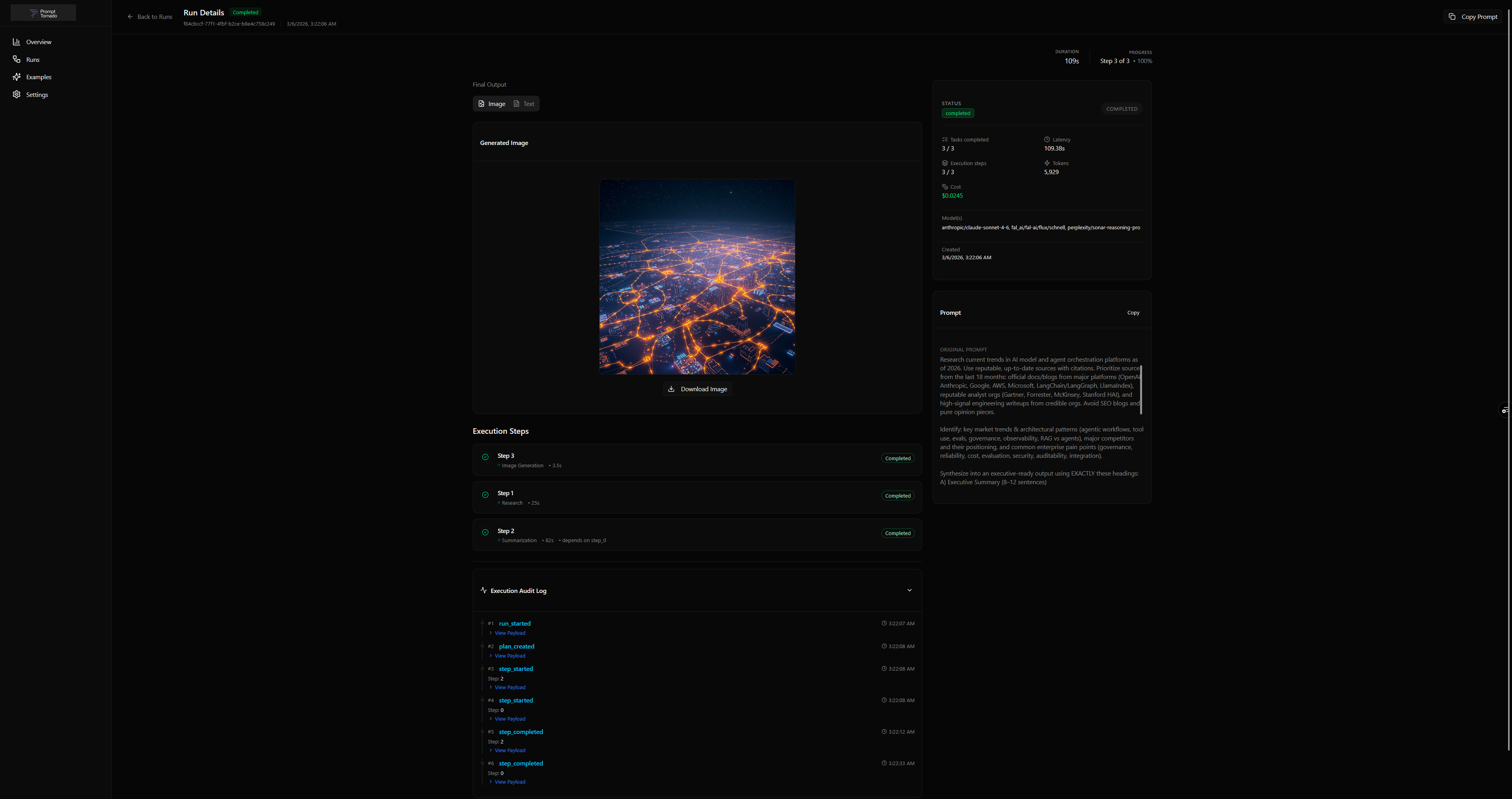 Prompt Tornado — Run Details with Execution Audit Log